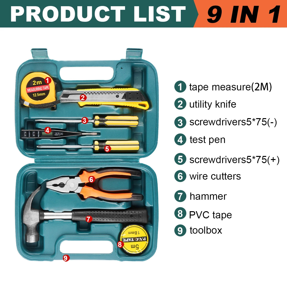 WOZOBUY Household Tool Kit Set, 8/9/12/13-Piece General Hand Tool Set with Plastic Toolbox for Home and Car Repair
