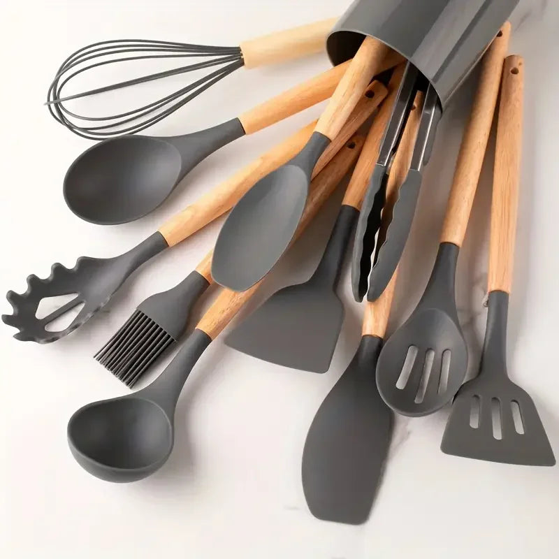 12Pcs Silicone Kitchen Utensil Set – Multi-Color Non-Stick Cooking Utensils with Wooden Handles Heat Resistant