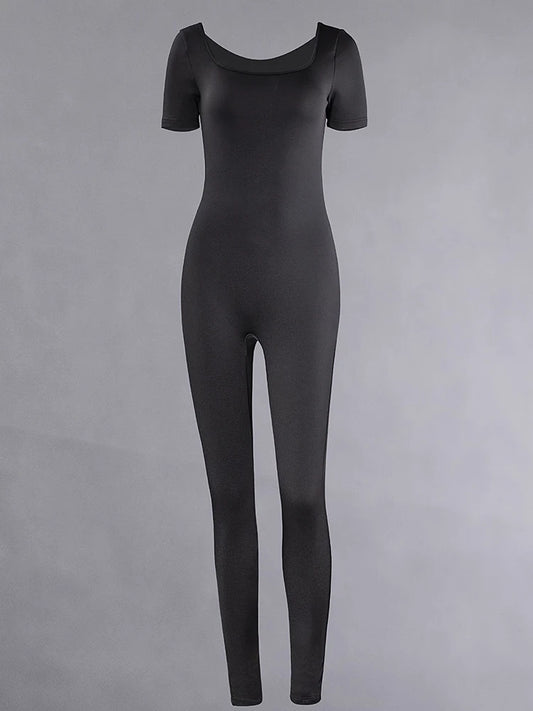 Women’s Short Sleeve Bodycon Romper Jumpsuit, Solid Color Skinny Fit One-Piece Playsuit for Fitness, Casual Wear, and Streetwear