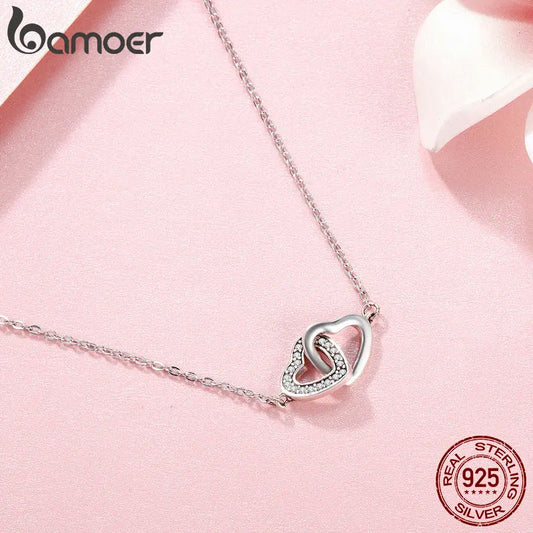 BAMOER 925 Sterling Silver Connected Heart Pendant Necklace with Zircon, Romantic Jewelry Gift for Women, Valentine’s Day and Anniversary Necklace