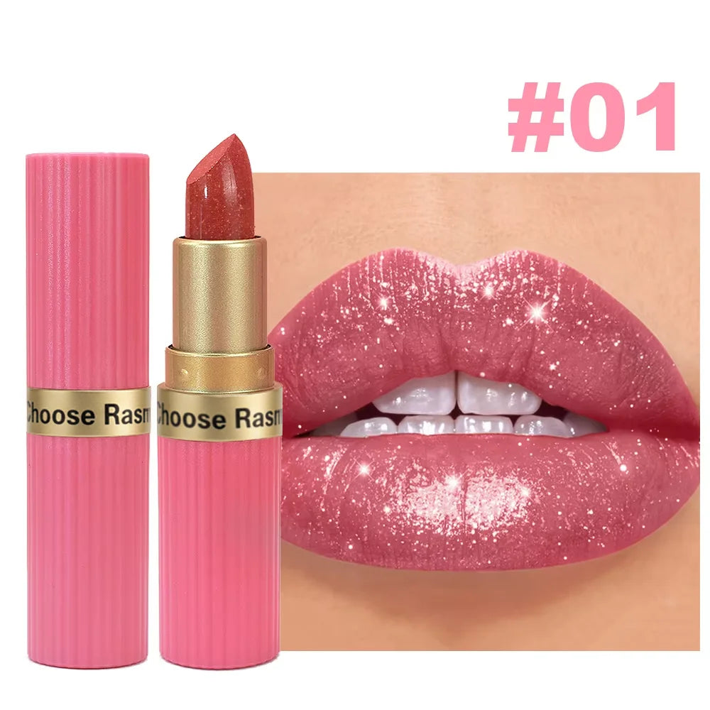 CHOOSE RASME Pearlescent Pink Glitter Velvet Lipstick, Metallic Matte Shimmer Waterproof Long-Lasting Moisturizing Diamond Lipstick, 3.5g