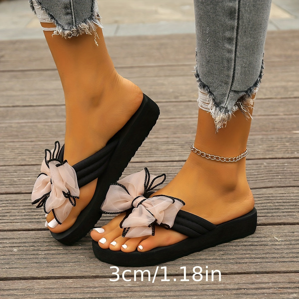 3Cm Pink Bow Flip-Flops, New 2026 Beach Sandals for Women, Stylish Thick-Soled Wedge Sandals for Summer, Perfect for Wearing by The Sea with Floral Designs., Women Shoes