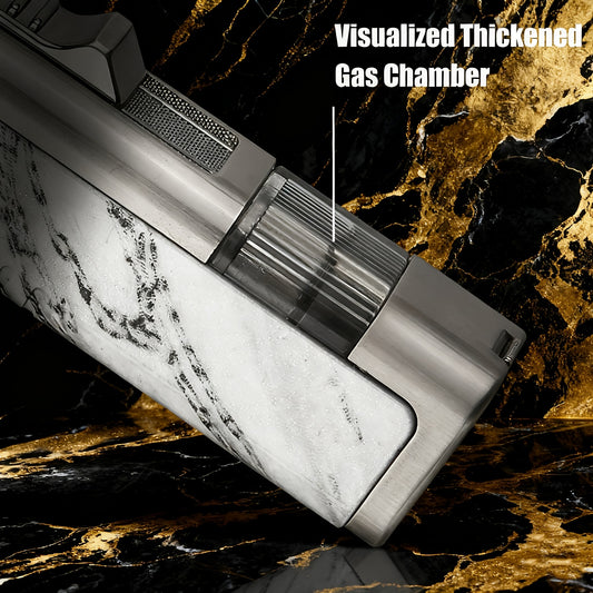 A Versatile Metal Torch Lighter That Features a Punch, a Foldable And Rotatable Design, And a Polished Marble Pattern. It Is Windproof, Adjustable, And Refillable with Butane, Without Battery