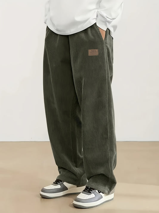 Men'S Solid Color Vintage Style Loose Corduroy Trousers From