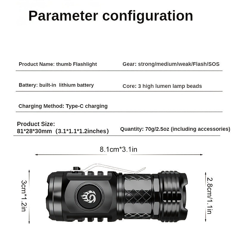 High-brightness mini flashlight, 3 high-brightness LED cores, frog-eye lens, 14500 battery, ultra-bright USB rechargeable, clip-on design, only 50g, lightweight and portable, suitable for home use, night road lighting, outdoo