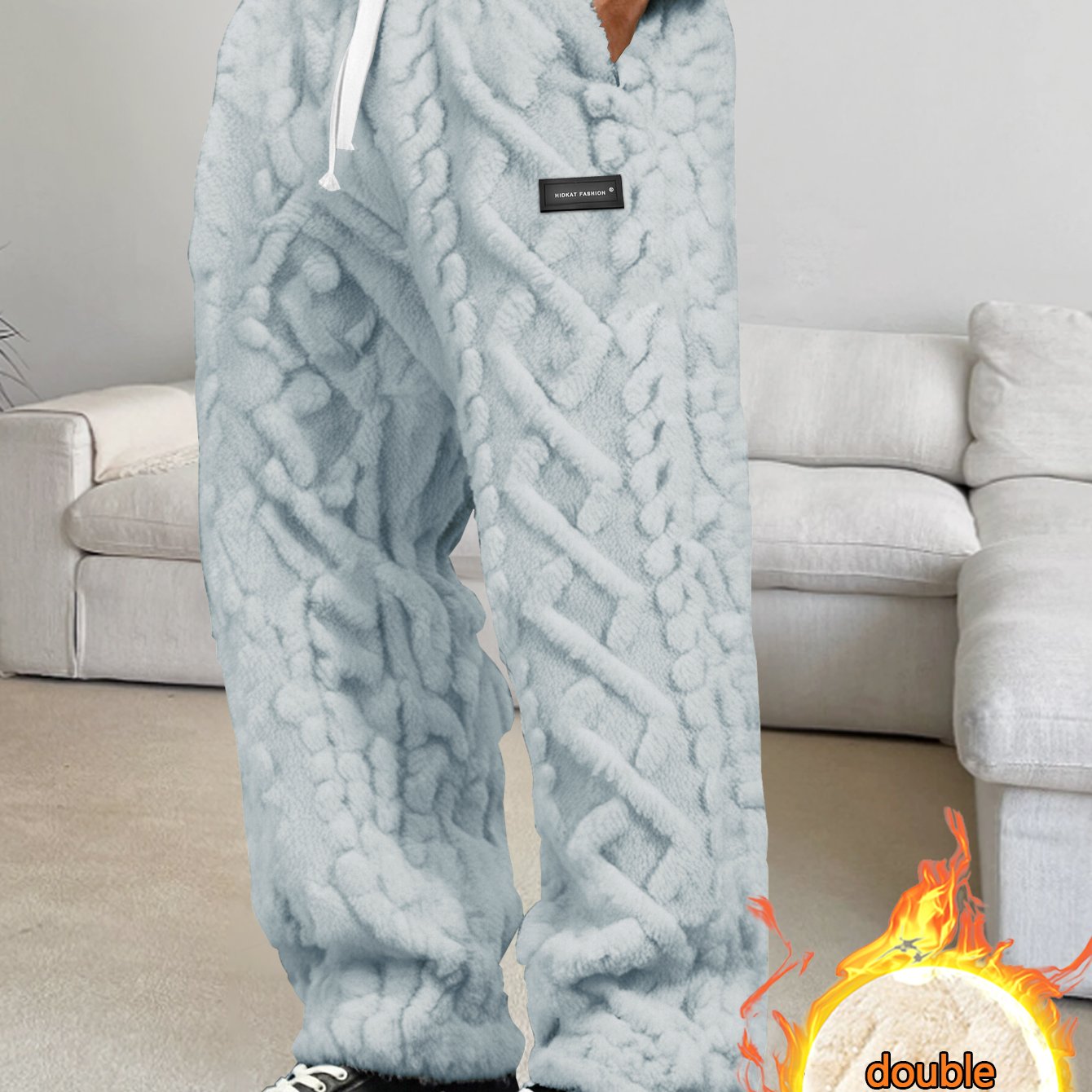 Men'S Thickened Fleece Long Pants Made of Jacquard Fabric, Featuring an Elastic Waistband with Drawstring, Comfortable And Lightweight, Suitable for Keeping Warm at Home
