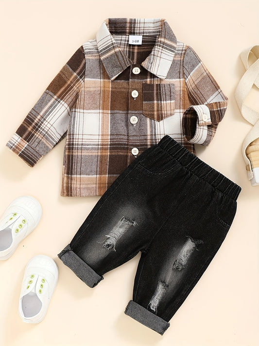 Generic Polyester Plaid Casual Long Sleeve Boys Clothing Set