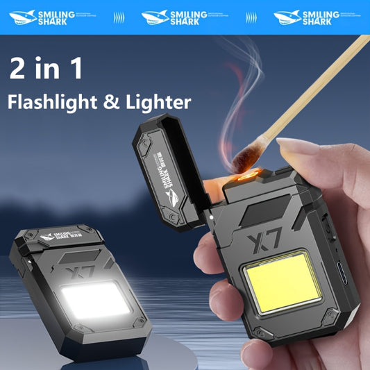 1pc Smiling Shark 2-in-1 LED Flashlight & Windproof Plasma Arc Lighter - USB-C Rechargeable,, 3-in-1 Mode (Flashlight, Floodlight, Ignition) with USB Cable, Ergonomic Grip & One-Touch Operation for Camping, Outdoor, Indoor -