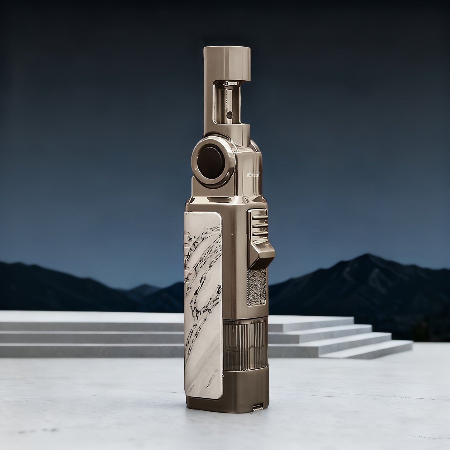 A Versatile Metal Torch Lighter That Features a Punch, a Foldable And Rotatable Design, And a Polished Marble Pattern. It Is Windproof, Adjustable, And Refillable with Butane, Without Battery