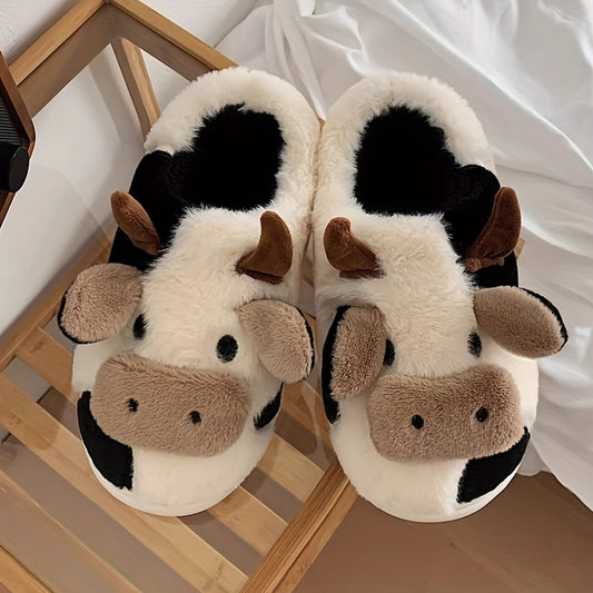 Cute Milk Cow Slippers | Women and Men Fuzzy Slippers, Winter Plush Platform Slides, Indoor Kawaii Shoes, Cartoon Style, Fabric Upper and Insole, TPU Sole