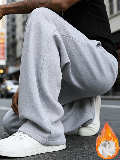 Men'S Casual Sports Long Pants, Loose Fit - Made of Polyester, Featuring a Drawstring Design, Suitable for Jogging, Streetwear, And Outdoor Activities, Warm Fleece-Lined Pants for Autumn And Winter