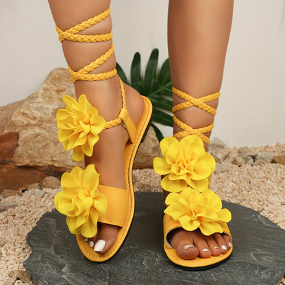 Fashion 3D Floral Woven Lace-up Women'S Sandals | Summer Roman Style, Strappy Back, Open Toe, Synthetic, Low Heel, All-season