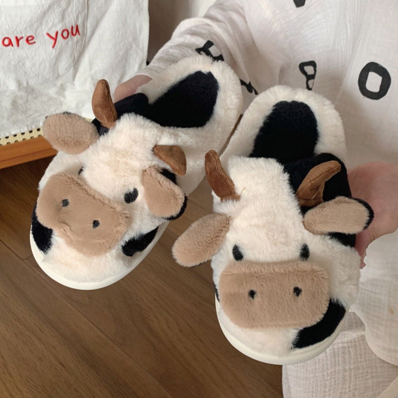Cute Milk Cow Slippers | Women and Men Fuzzy Slippers, Winter Plush Platform Slides, Indoor Kawaii Shoes, Cartoon Style, Fabric Upper and Insole, TPU Sole