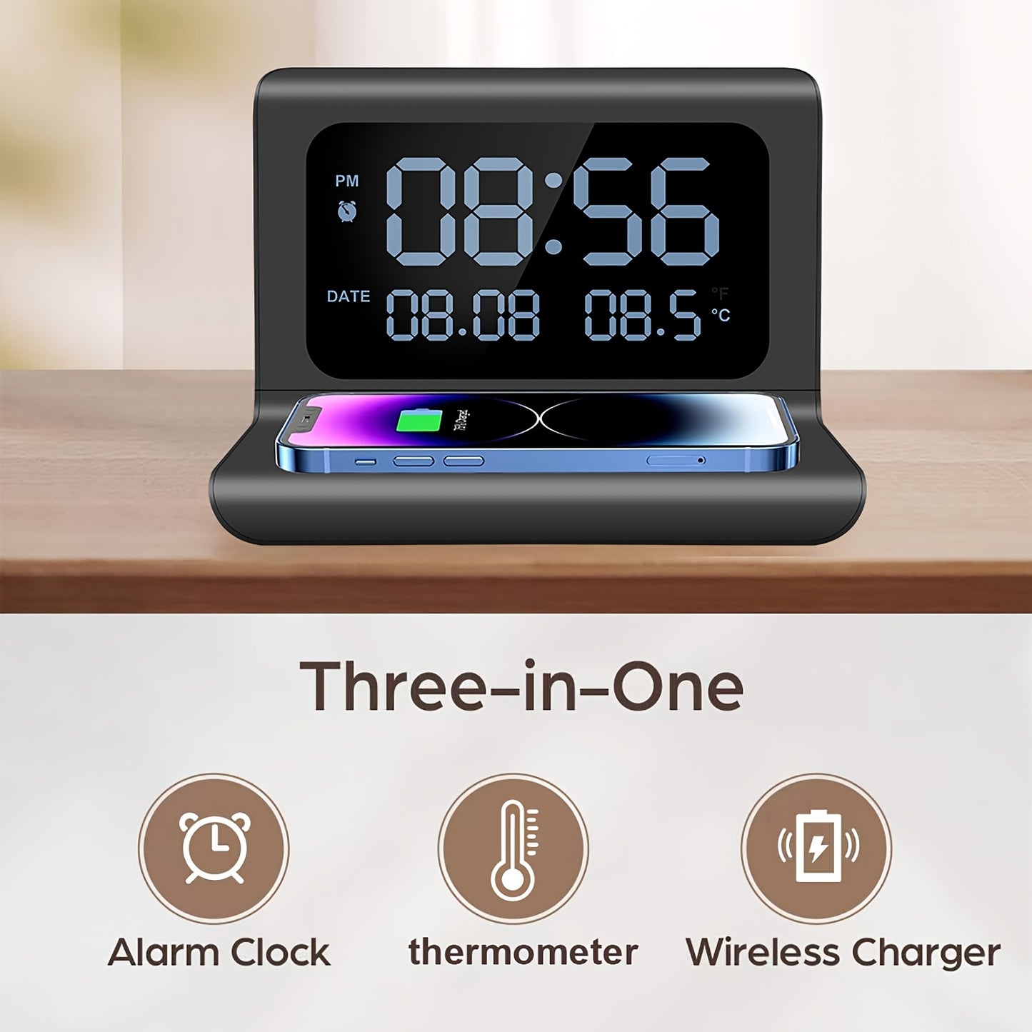 3in 1 Wireless Charger, Time Temperature Display, Alarm Clock for Bedroom Desk, Charging Dock Station for iPhone 16 15 14 13 12 11 Pro Max/Mini/Plus/XR/X/8 AirPods 2/3/4/Pro/Pro 2, AirPods 4/3/Pro/2, for Samsung S25/S23/S22/S