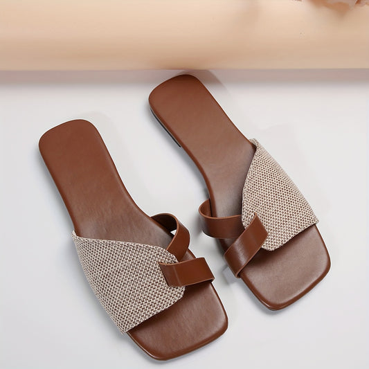 Women's Contrast Color Slide Sandals, Casual Square Toe Flat Summer Shoes, Lightweight Slide Sandals