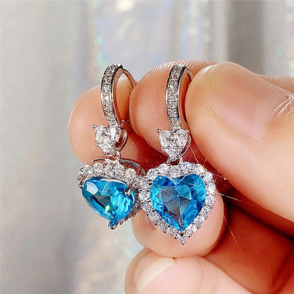 Aqua Blue Red Stone Heart Shaped Wedding Earrings For Women Eternity Love Earrings Engagement Accessories Fashion Jewelry