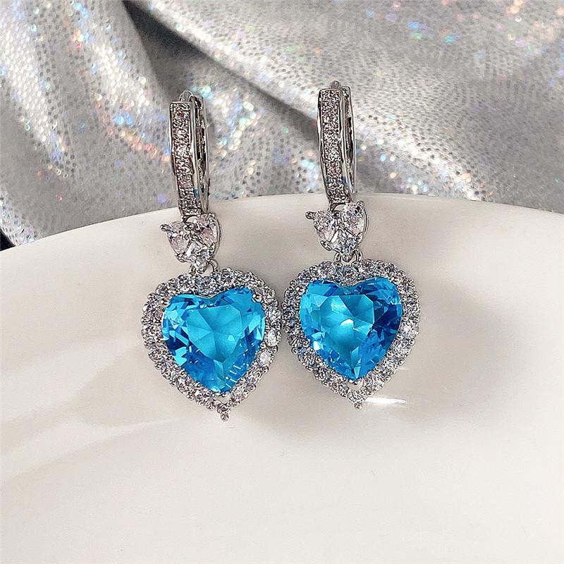 Aqua Blue Red Stone Heart Shaped Wedding Earrings For Women Eternity Love Earrings Engagement Accessories Fashion Jewelry