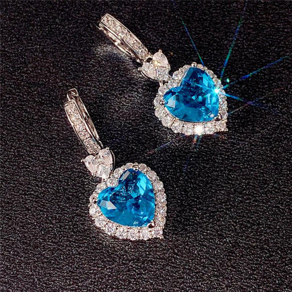 Aqua Blue Red Stone Heart Shaped Wedding Earrings For Women Eternity Love Earrings Engagement Accessories Fashion Jewelry