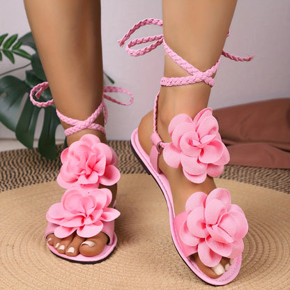Fashion 3D Floral Woven Lace-up Women'S Sandals | Summer Roman Style, Strappy Back, Open Toe, Synthetic, Low Heel, All-season