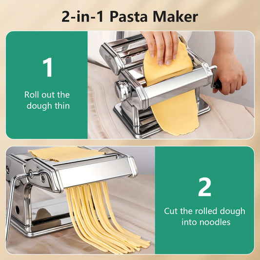Manual Pasta Maker Machine, Stainless Steel Pasta Roller and Cutter with 6 Adjustable Thickness Settings, Dual Width Noodle Maker for Pasta, Spaghetti, Fettuccine, Lasagna