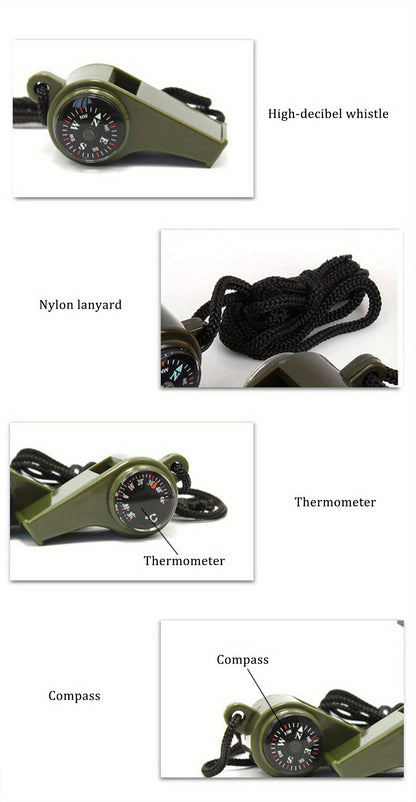 3-in-1 Emergency Whistle with Compass and Thermometer - Perfect for Camping, Hiking, Outdoor Adventures, Refereeing, and Cheerleading - Made of PVC