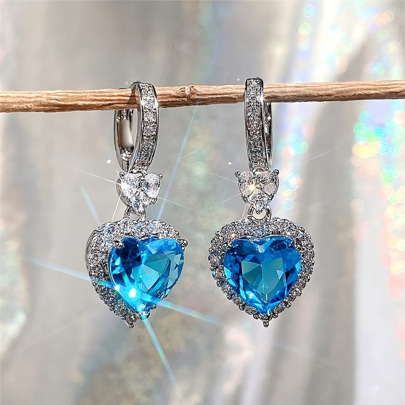 Aqua Blue Red Stone Heart Shaped Wedding Earrings For Women Eternity Love Earrings Engagement Accessories Fashion Jewelry
