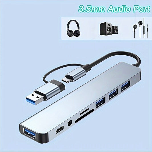 8-in-1 Hub, USB & Type-C Ports, Multi-Function Docking Station with USB 3.0 + USB-C + SD/TF + 3.5mm Audio, Supports Smooth Multi-Port Collaboration for Video and Audio Output on Phones, Tablets, and Computers