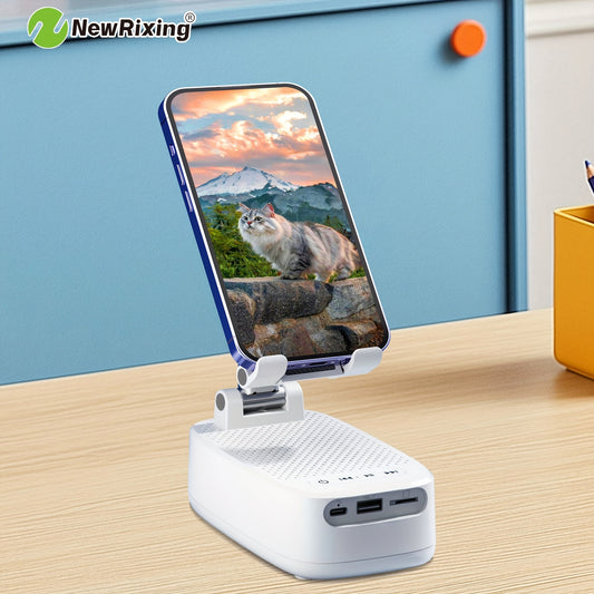 NewRixing 6W Wireless Speaker with Phone Holder, TWS Dual Pairing, 1800mAh Battery, Hands-Free Calling, Portable Power Bank, 6-Hour Playtime, Hi-Fi Sound Quality, Loud Stereo & Deep Bass, USB-C Charging, Indoor/Outdoor Use, A