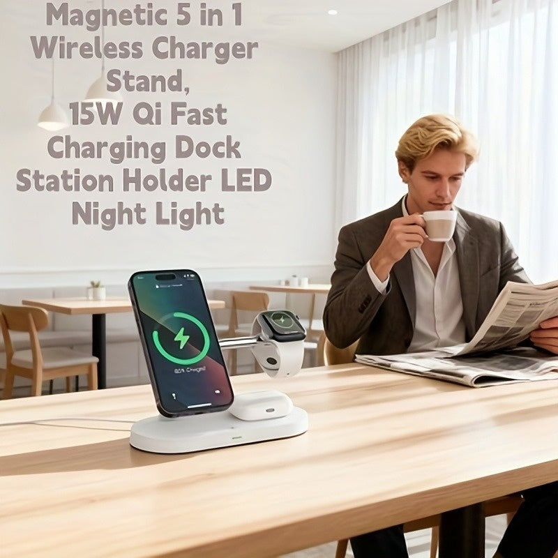 TIMESS 5-in-1 Magnetic Wireless Charger Stand with 15W Fast Charging, LED Night Light & Home Hub - Compatible with for iphone 15/14/13/12 Pro Max Mini, Apple Watch 9/8/7/SE/6/5/4/3/2, Airpods 3/2/pro - Usb-powered