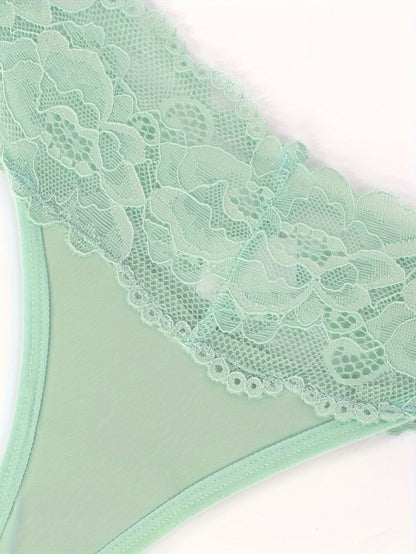 1pc Solid Color Thong, Lace Patchwork, Sexy Underwear, Comfortable And Breathable, Low Waisted Thong, Women's Lingerie And Underwear