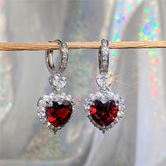 Aqua Blue Red Stone Heart Shaped Wedding Earrings For Women Eternity Love Earrings Engagement Accessories Fashion Jewelry
