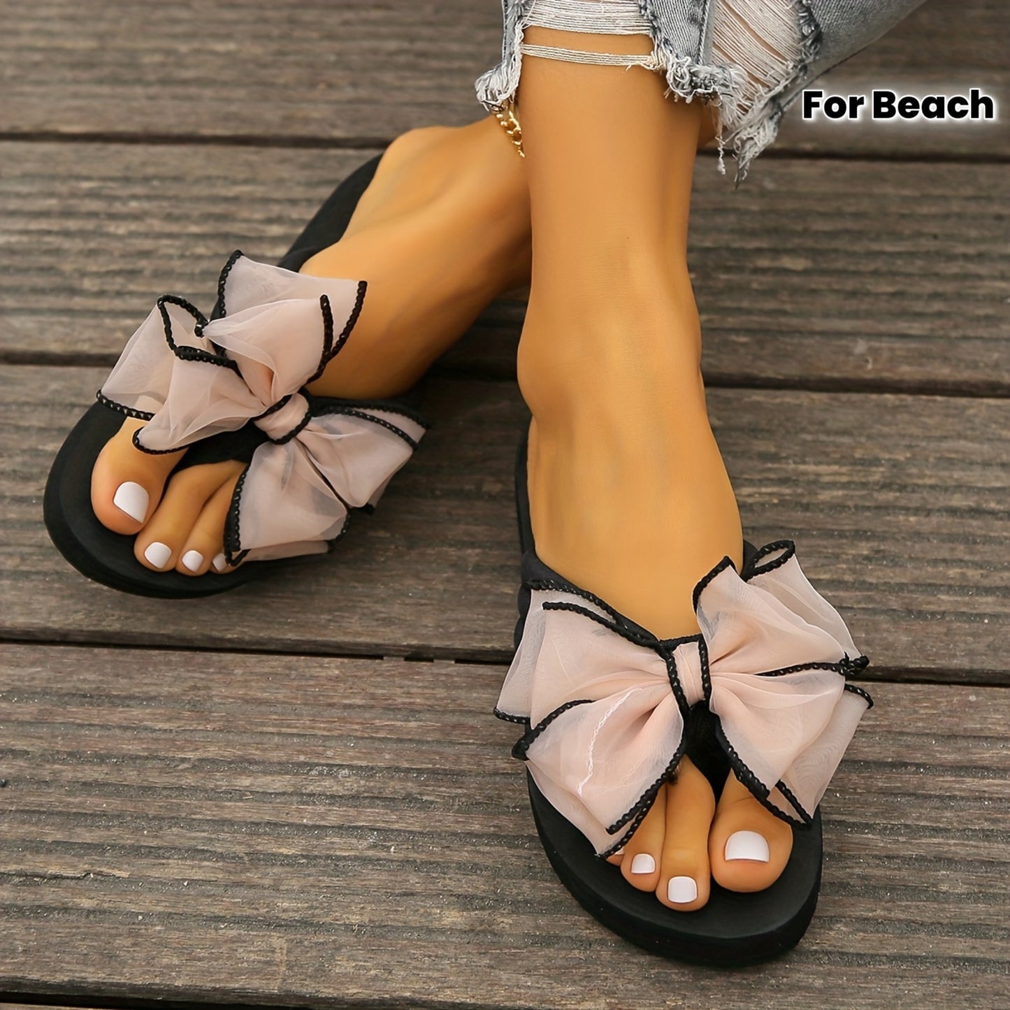 3Cm Pink Bow Flip-Flops, New 2026 Beach Sandals for Women, Stylish Thick-Soled Wedge Sandals for Summer, Perfect for Wearing by The Sea with Floral Designs., Women Shoes