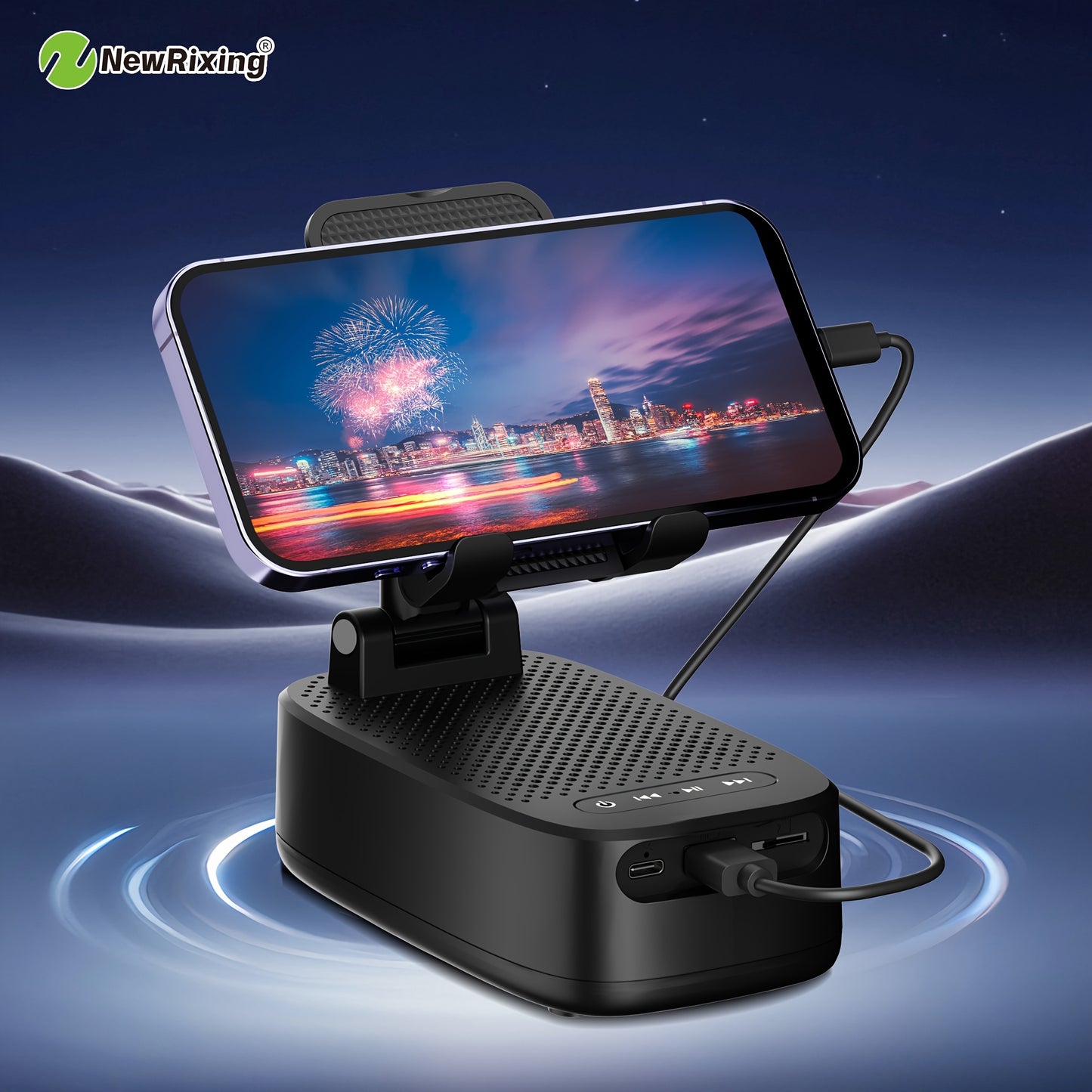 NewRixing 6W Wireless Speaker with Phone Holder, TWS Dual Pairing, 1800mAh Battery, Hands-Free Calling, Portable Power Bank, 6-Hour Playtime, Hi-Fi Sound Quality, Loud Stereo & Deep Bass, USB-C Charging, Indoor/Outdoor Use, A