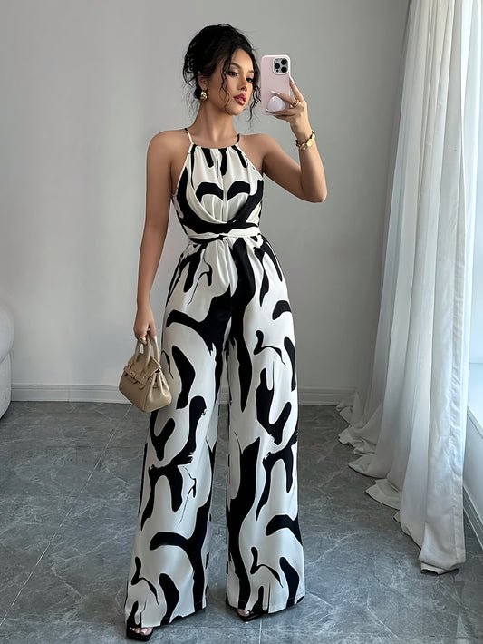 Fashionable Women's Printed Fabric Pleated Jumpsuit with Halter Neckline, Elegant for Holidays And Everyday Wear