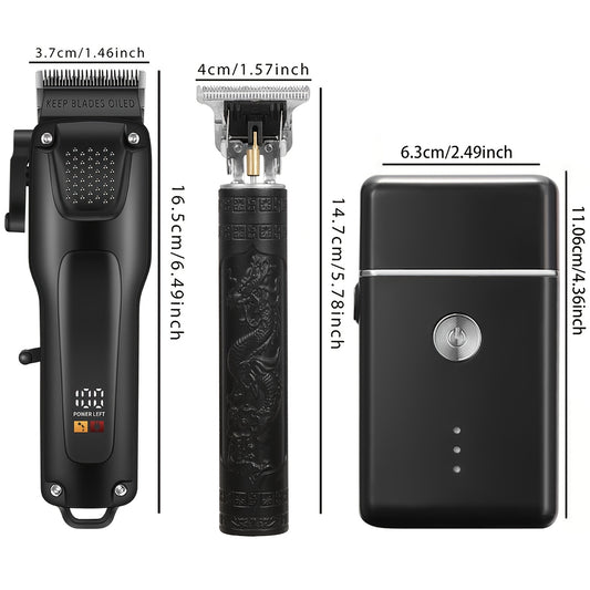 3pcs Men'S Professional Hair & Beard Grooming Kit - Cordless Clippers with LED Display, Precision Trimmer Set, USB Rechargeable, for Home Use, Perfect Holiday Gift