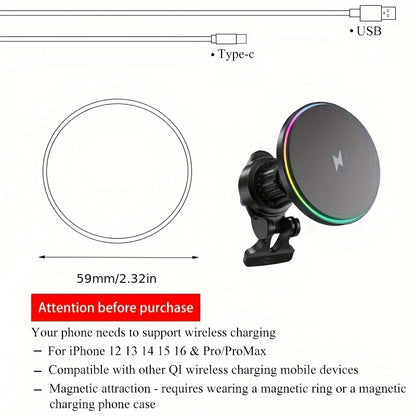 15W Magnetic Car Charger, Featuring a Strong Magnet, This Magnetic Wireless Charging Mount Is Compatible with Iphone 15 Pro Max, 14, 13, 12 Plus. It Is a Qi Car Charger with a Magnetic Design, Allowing for 360° Rotation And