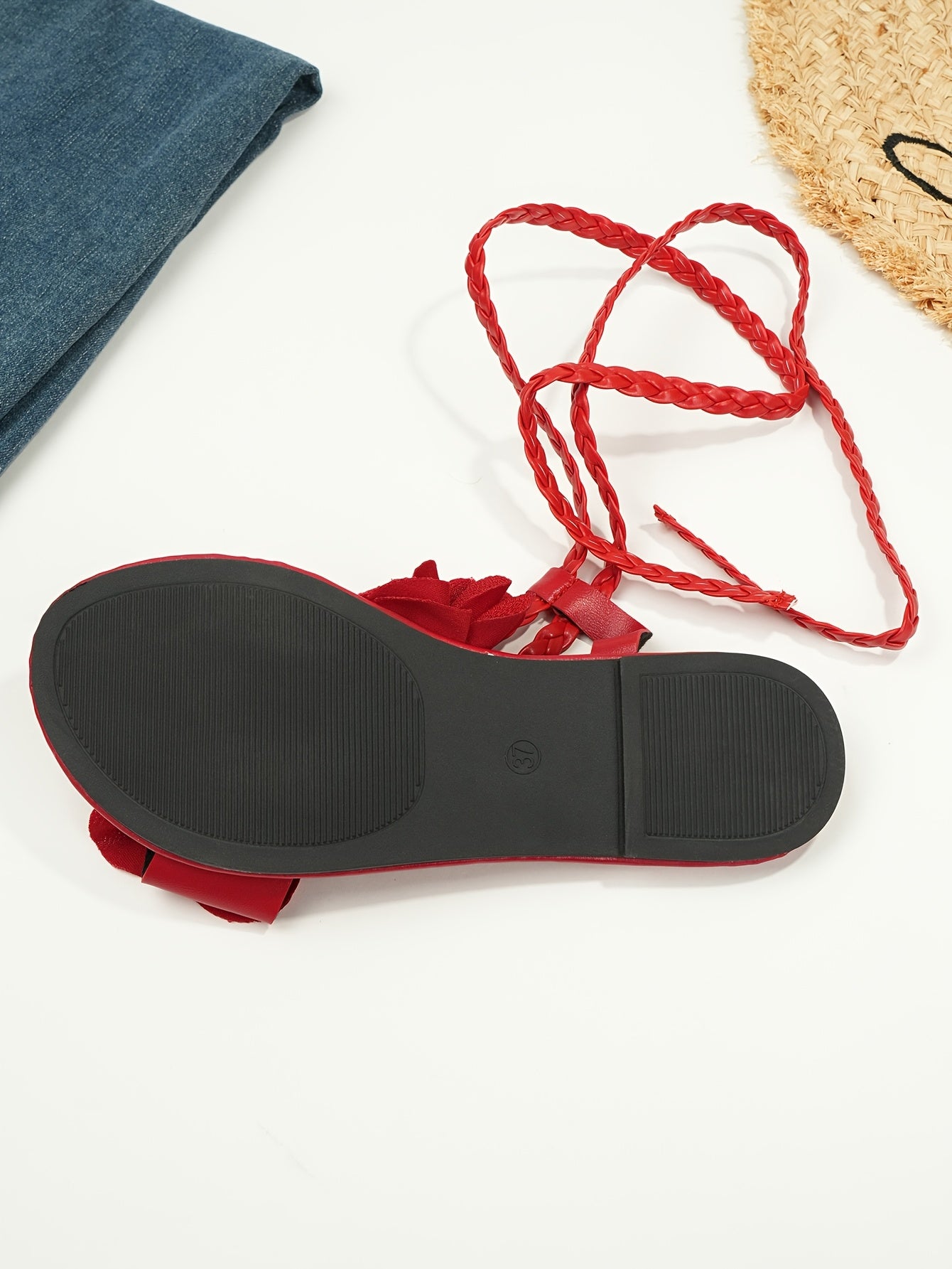 Fashion 3D Floral Woven Lace-up Women'S Sandals | Summer Roman Style, Strappy Back, Open Toe, Synthetic, Low Heel, All-season