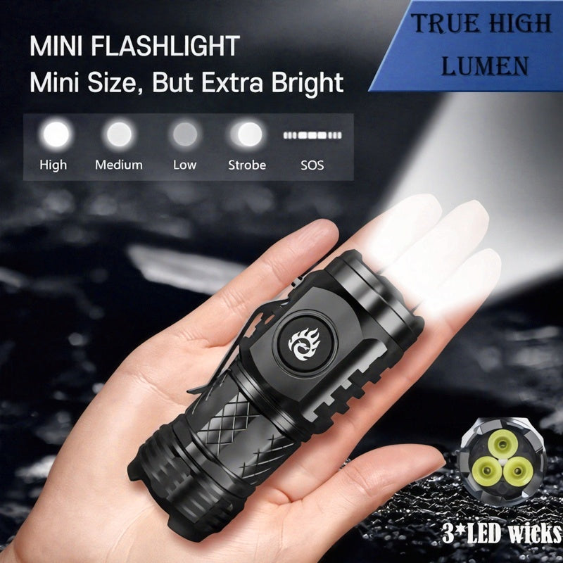 High-brightness mini flashlight, 3 high-brightness LED cores, frog-eye lens, 14500 battery, ultra-bright USB rechargeable, clip-on design, only 50g, lightweight and portable, suitable for home use, night road lighting, outdoo
