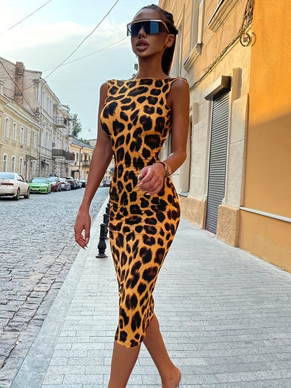 Leopard Print Backless Sleeveless Bodycon Dress - Stretchy Slim Fit Long Length Crew Neck Gothic Raglan Style Machine Washable Autumn Fashion Dress for Women, Leopard Print Dress, Street Style Attire, Formal Elegance, Smooth