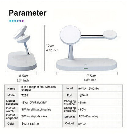 TIMESS 5-in-1 Magnetic Wireless Charger Stand with 15W Fast Charging, LED Night Light & Home Hub - Compatible with for iphone 15/14/13/12 Pro Max Mini, Apple Watch 9/8/7/SE/6/5/4/3/2, Airpods 3/2/pro - Usb-powered