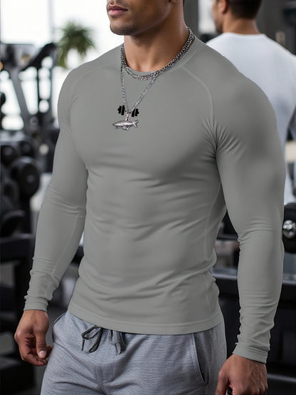 Men's Athletic T-Shirt, Sporty Body-Hugging Fit with High Elasticity, Crew Neck, Long Sleeve, Suitable for Hiking, Jogging, Cycling, and Outdoor Fitness Workouts
