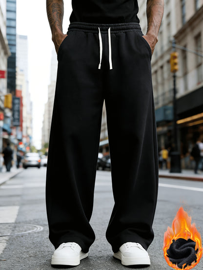 Men'S Casual Sports Long Pants, Loose Fit - Made of Polyester, Featuring a Drawstring Design, Suitable for Jogging, Streetwear, And Outdoor Activities, Warm Fleece-Lined Pants for Autumn And Winter