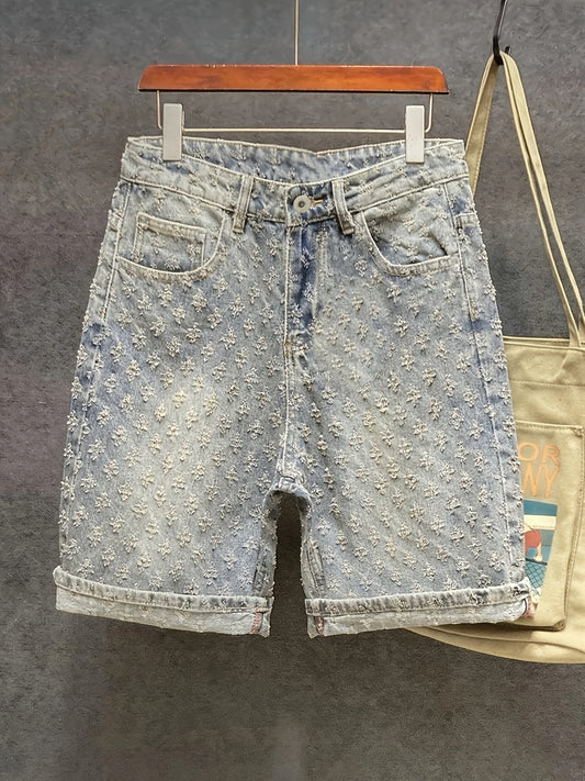 Fashion Casual Denim Shorts with Floral Pattern and Distressed Details | Non-Stretch Fabric, Regular Fit, Knee-Length, Pockets