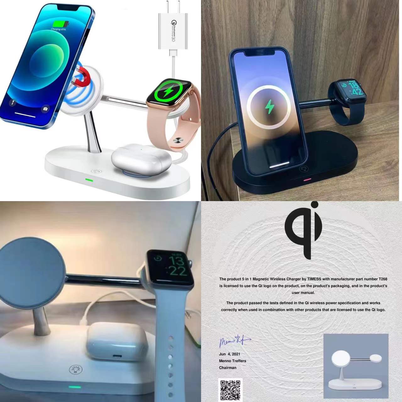 TIMESS 5-in-1 Magnetic Wireless Charger Stand with 15W Fast Charging, LED Night Light & Home Hub - Compatible with for iphone 15/14/13/12 Pro Max Mini, Apple Watch 9/8/7/SE/6/5/4/3/2, Airpods 3/2/pro - Usb-powered