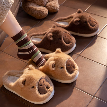 Men And Women Couple'S Anti-Slip Indoor Warm Plush Slippers for Home, Featuring Cartoon Capybara Design for Winter Holidays.