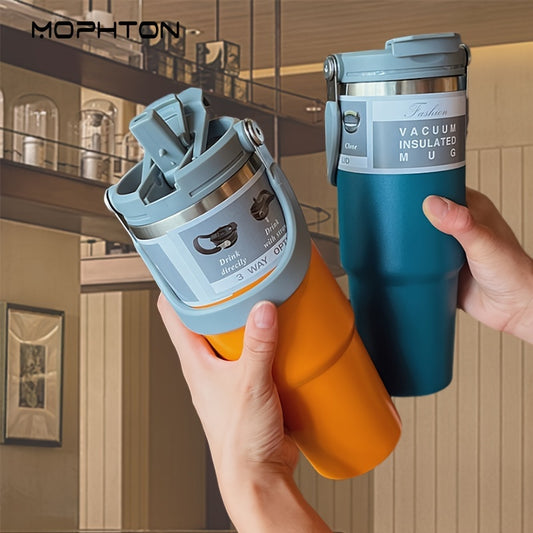MOPHTON Insulated Stainless Steel Tumbler - Dual Drinking, 24-Hour Cold Retention, Portable for Office, Gym, Yoga & Travel