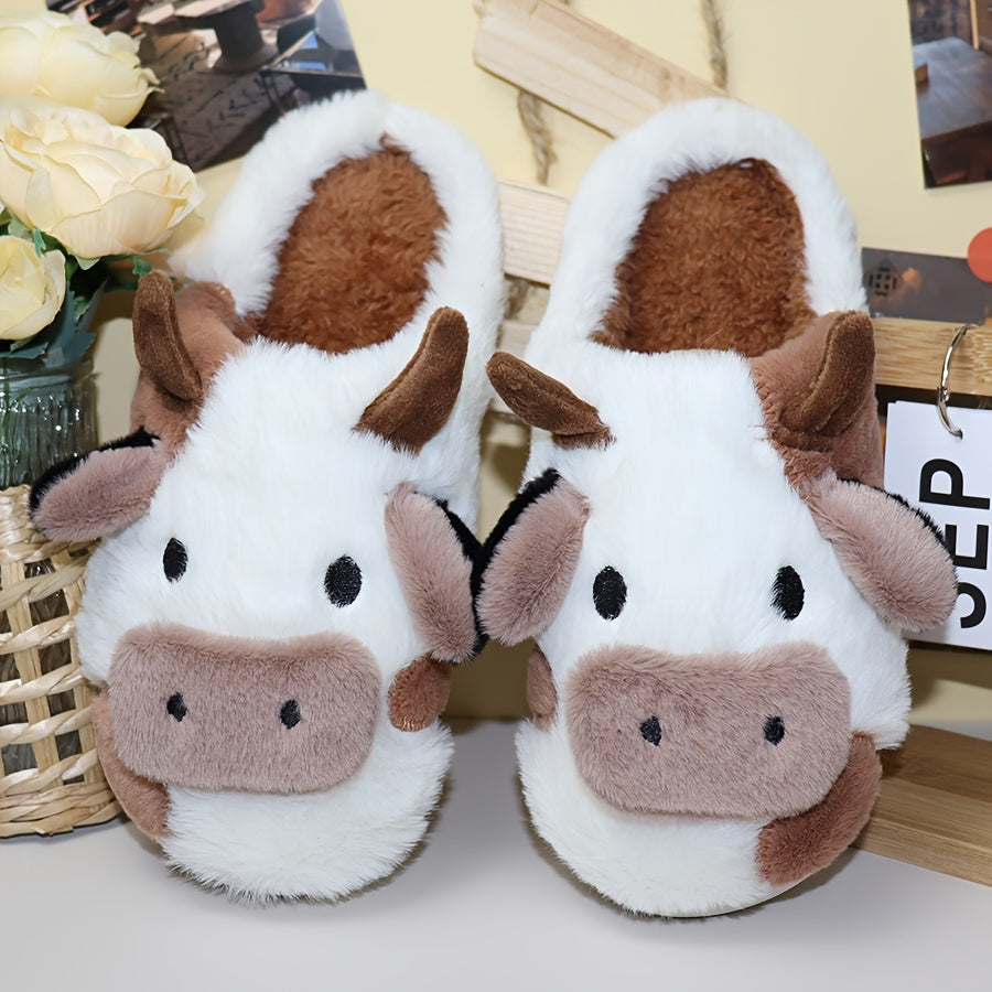 Cute Milk Cow Slippers | Women and Men Fuzzy Slippers, Winter Plush Platform Slides, Indoor Kawaii Shoes, Cartoon Style, Fabric Upper and Insole, TPU Sole