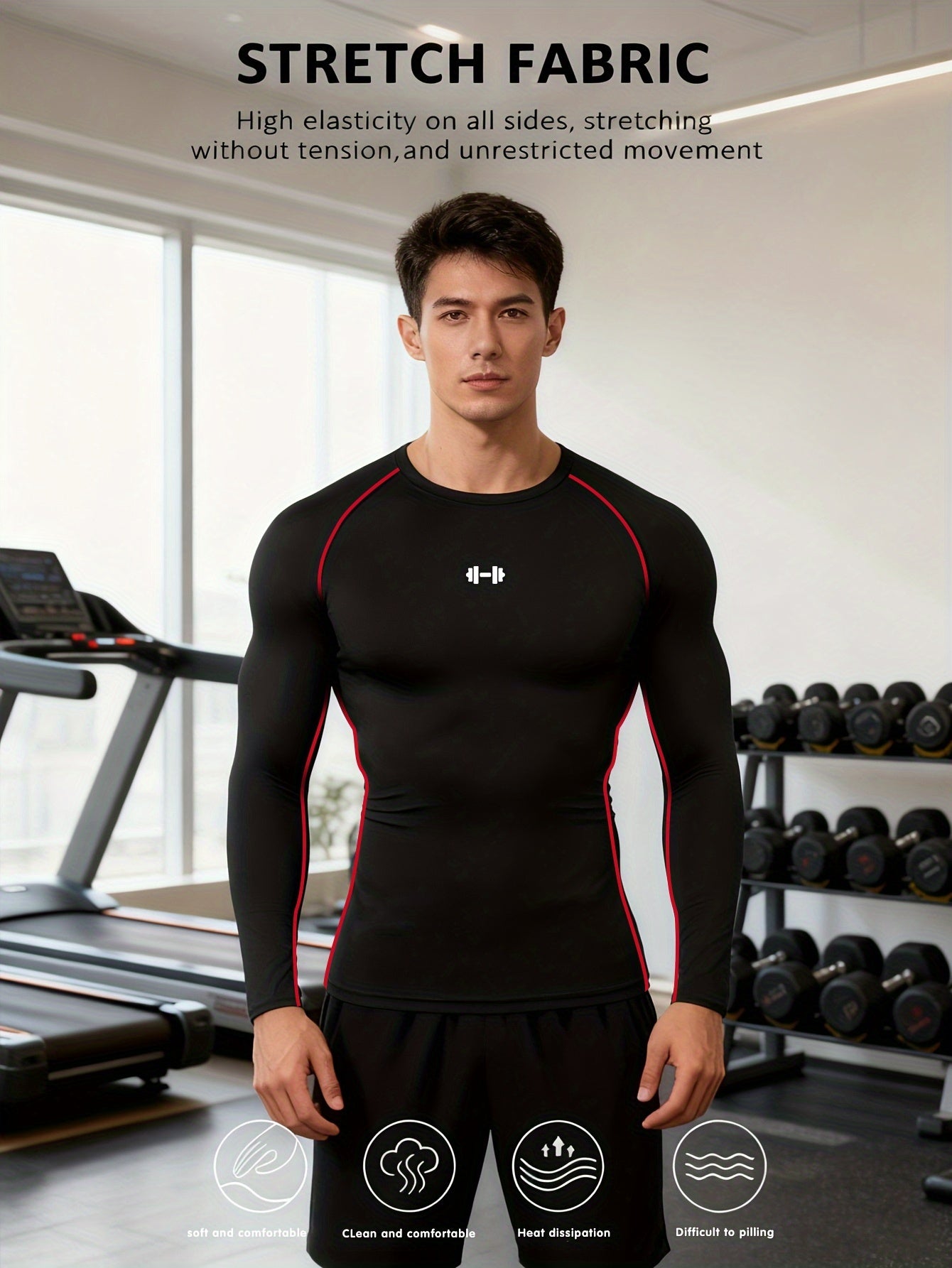 Men's Athletic T-Shirt, Sporty Body-Hugging Fit with High Elasticity, Crew Neck, Long Sleeve, Suitable for Hiking, Jogging, Cycling, and Outdoor Fitness Workouts