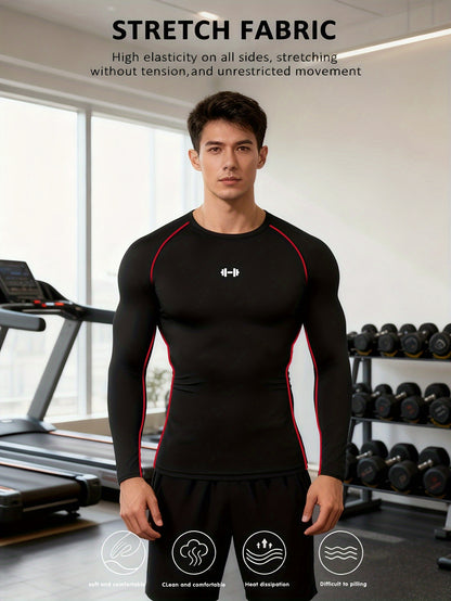 Men's Athletic T-Shirt, Sporty Body-Hugging Fit with High Elasticity, Crew Neck, Long Sleeve, Suitable for Hiking, Jogging, Cycling, and Outdoor Fitness Workouts