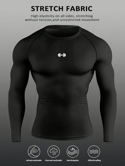 Men's Athletic T-Shirt, Sporty Body-Hugging Fit with High Elasticity, Crew Neck, Long Sleeve, Suitable for Hiking, Jogging, Cycling, and Outdoor Fitness Workouts